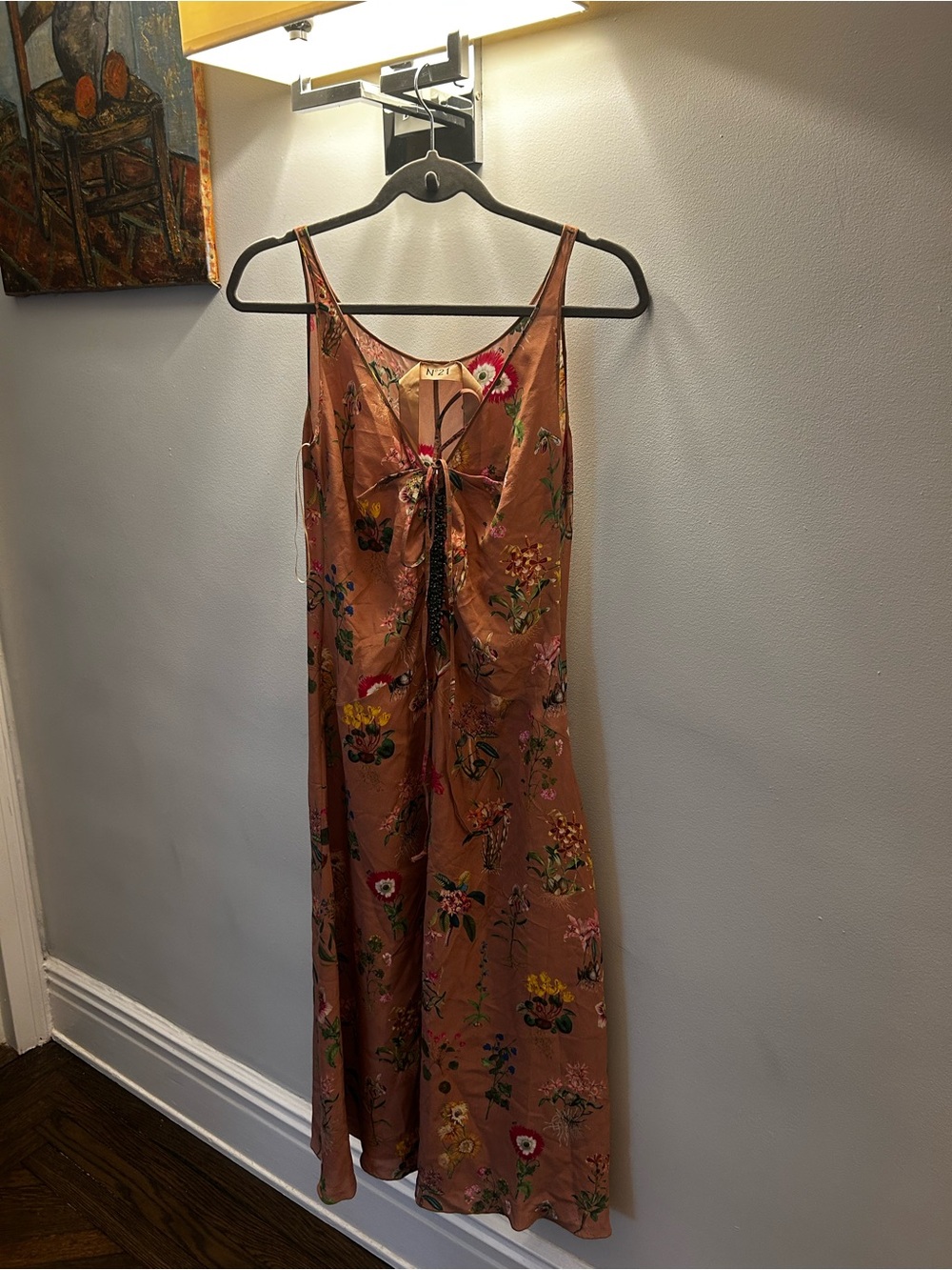 Floral Tie-Front Satin Slip Dress in Rust